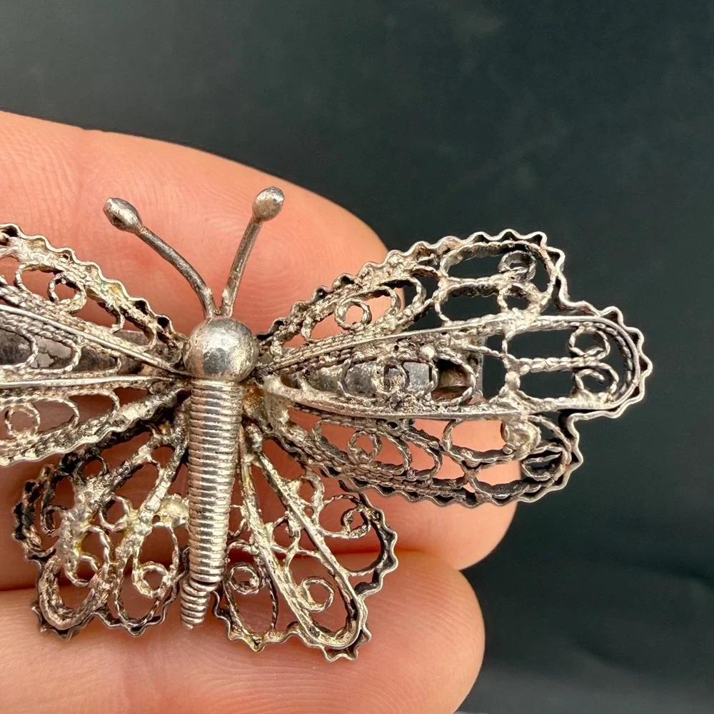 Vintage Butterfly Brooch Spun Silver Filigree Open Work Design